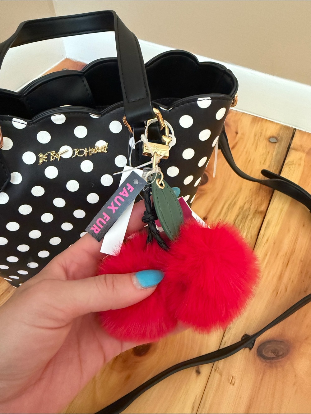 Polka Dot Black Crossbody Tote with Red Pom Charm Betsy Johnson - Picture 6 of 7